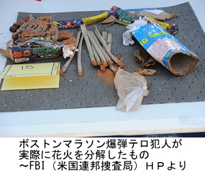 ボストンマラソン爆弾テロ犯人が実際に花火を分解したもの。FBI(米国連邦捜査局)ホームページより